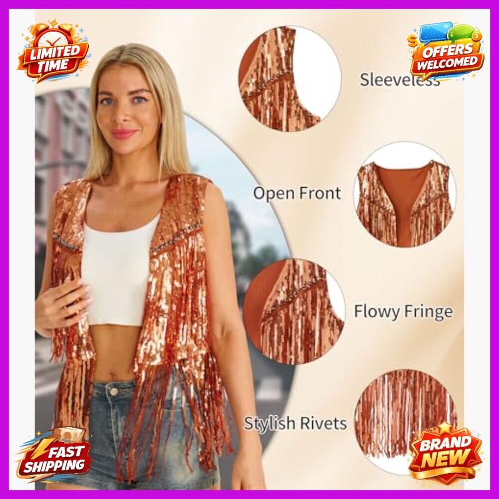 Small Sequin Fringe Vest Sleeveless Western Costume Jacket Party Wear - Picture 4 of 6